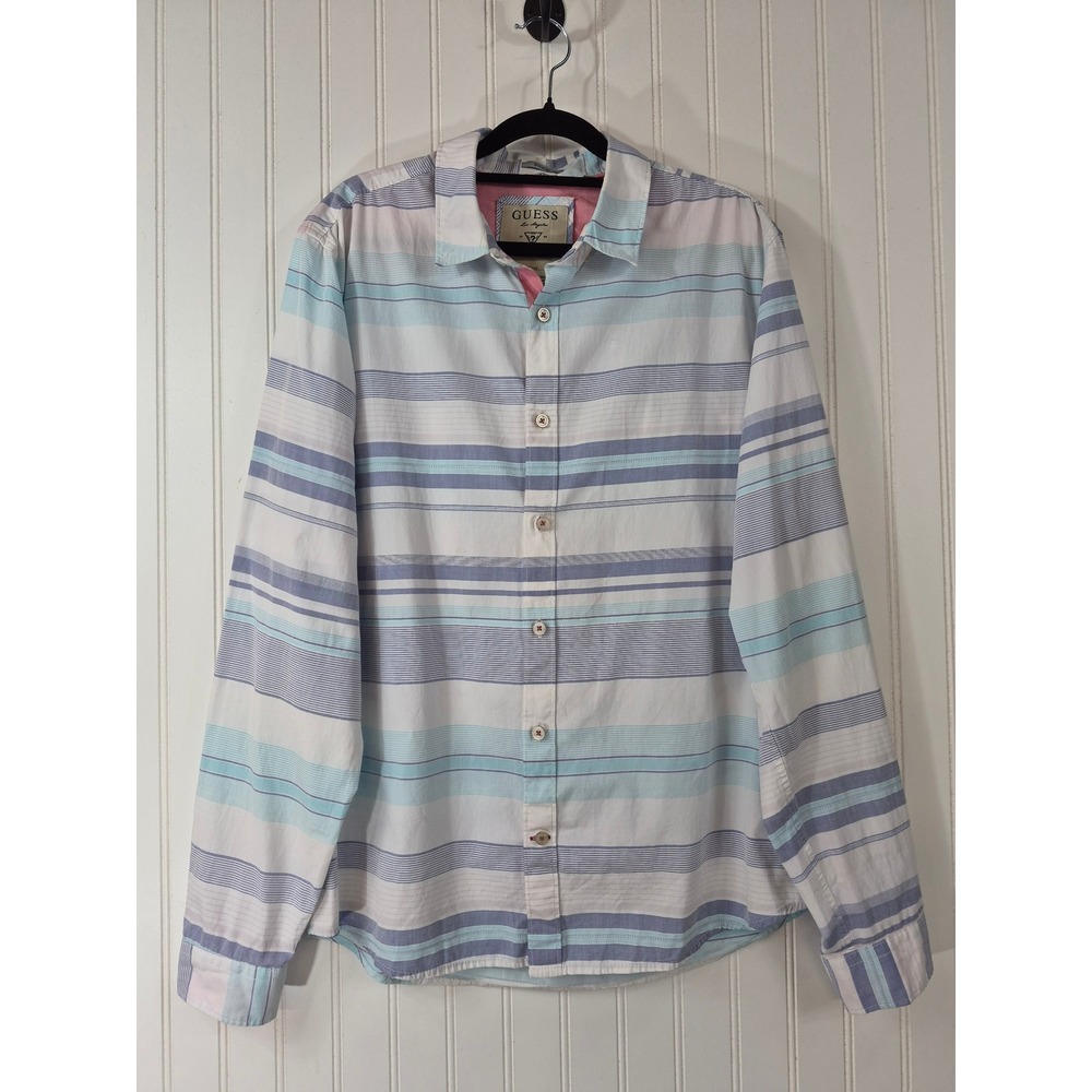 Guess Dillon Slim Fit Mens Medium Blue White Striped Button Down Long Sleeve